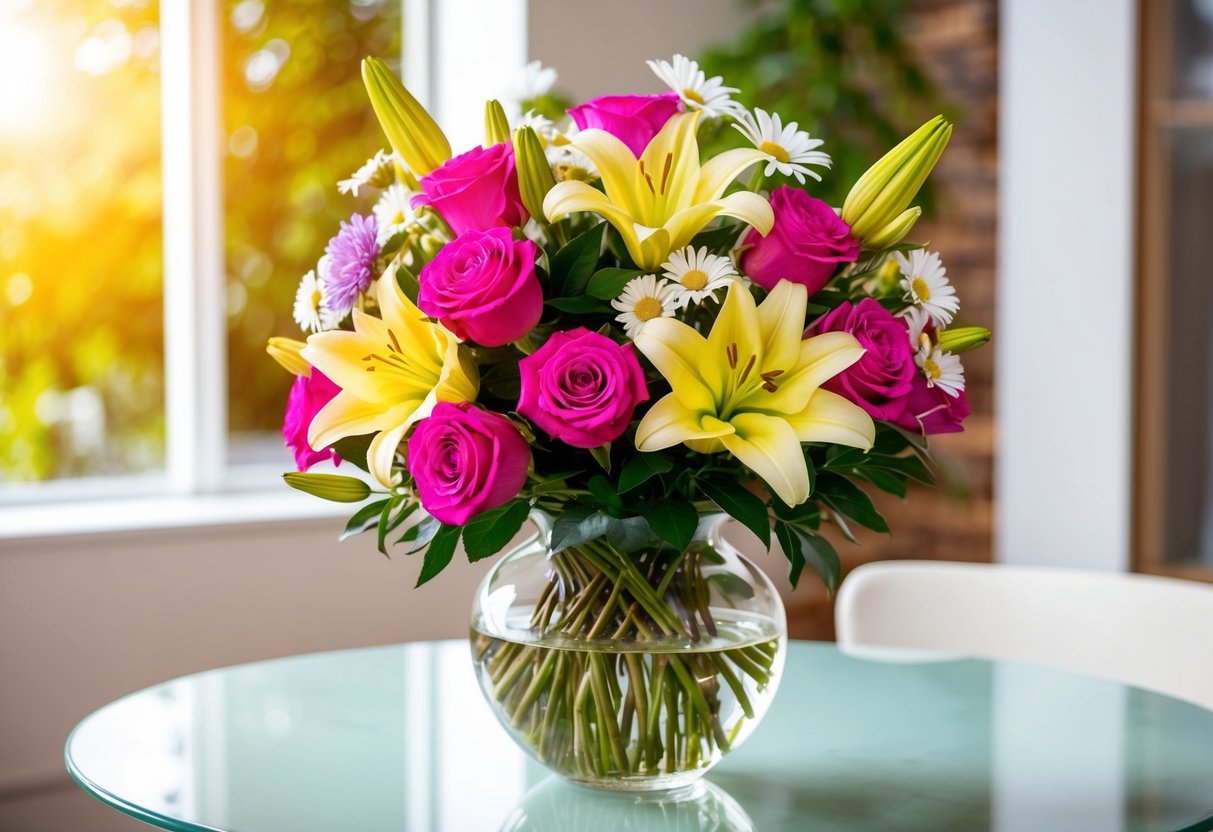 A colorful bouquet of roses, lilies, and daisies arranged in a glass vase on a sunlit table
