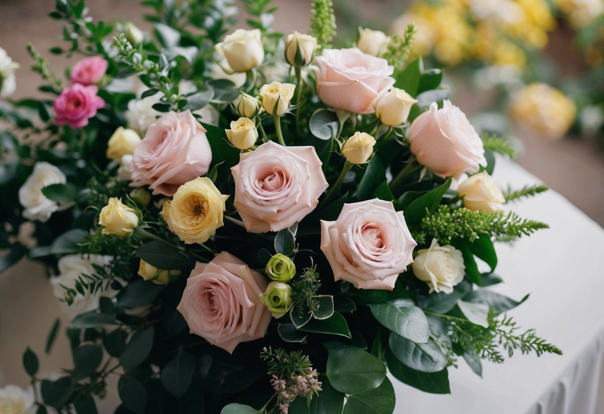 A lush bouquet with a dominant display of roses, surrounded by smaller blooms and greenery