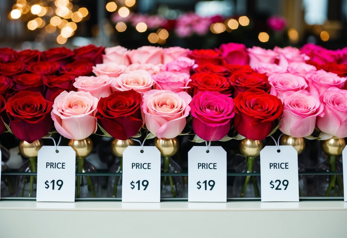 A collection of pink and red roses arranged in a row, with price tags displayed next to each color
