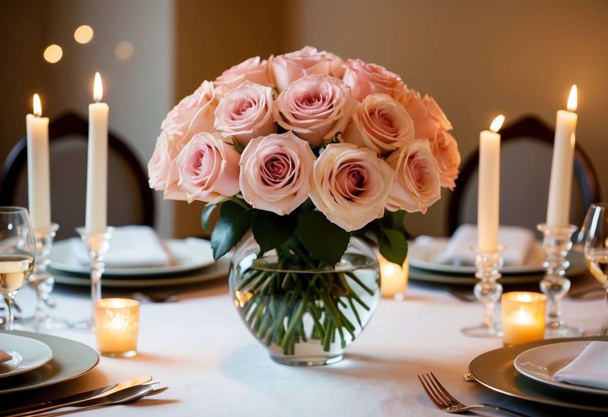 A vase of Juliet roses sits on a dining table, surrounded by flickering candles and elegant place settings. The soft petals and delicate fragrance create a romantic atmosphere