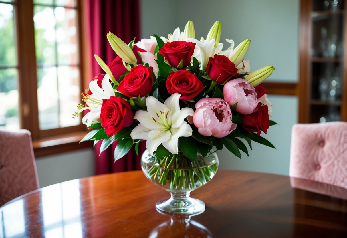 A vibrant bouquet of red roses, white lilies, and pink peonies arranged in a glass vase on a polished wooden table