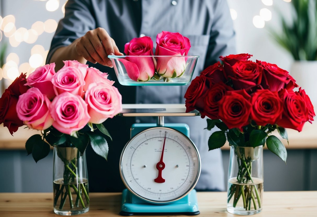A florist weighing pink and red roses on a scale