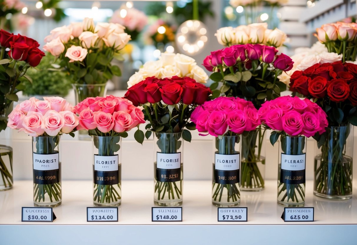 A florist shop with pink and red roses displayed in separate vases, each labeled with their respective prices