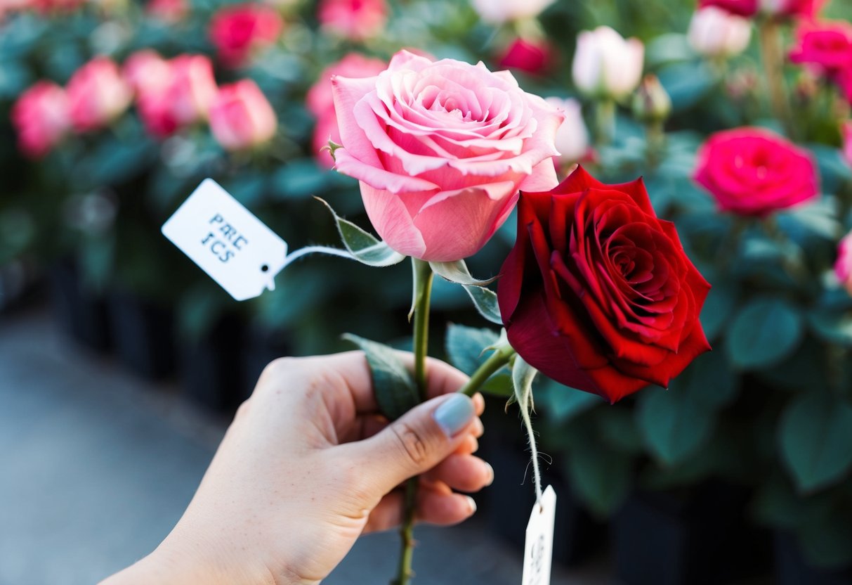 A hand holding two roses, one pink and one red, with price tags attached