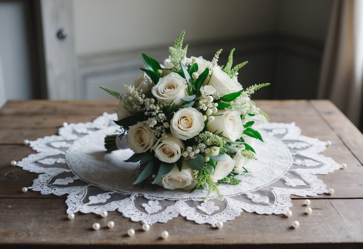 A bridal bouquet sits on a rustic wooden table, surrounded by delicate lace and shimmering pearls