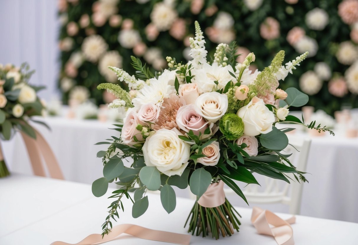 A bouquet of flowers in shades of white, blush, and green, with delicate ribbons, set against a backdrop of wedding decor in coordinating colors