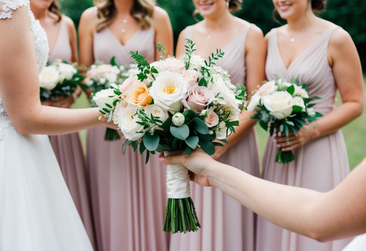 A bride's hand holds a bouquet of flowers, surrounded by bridesmaids with smaller matching bouquets