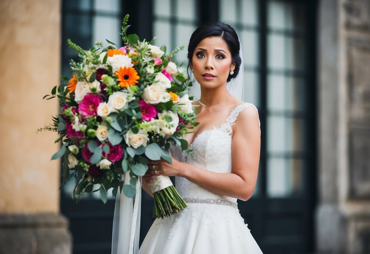 A bride holding a large, mismatched bouquet, looking uncertain