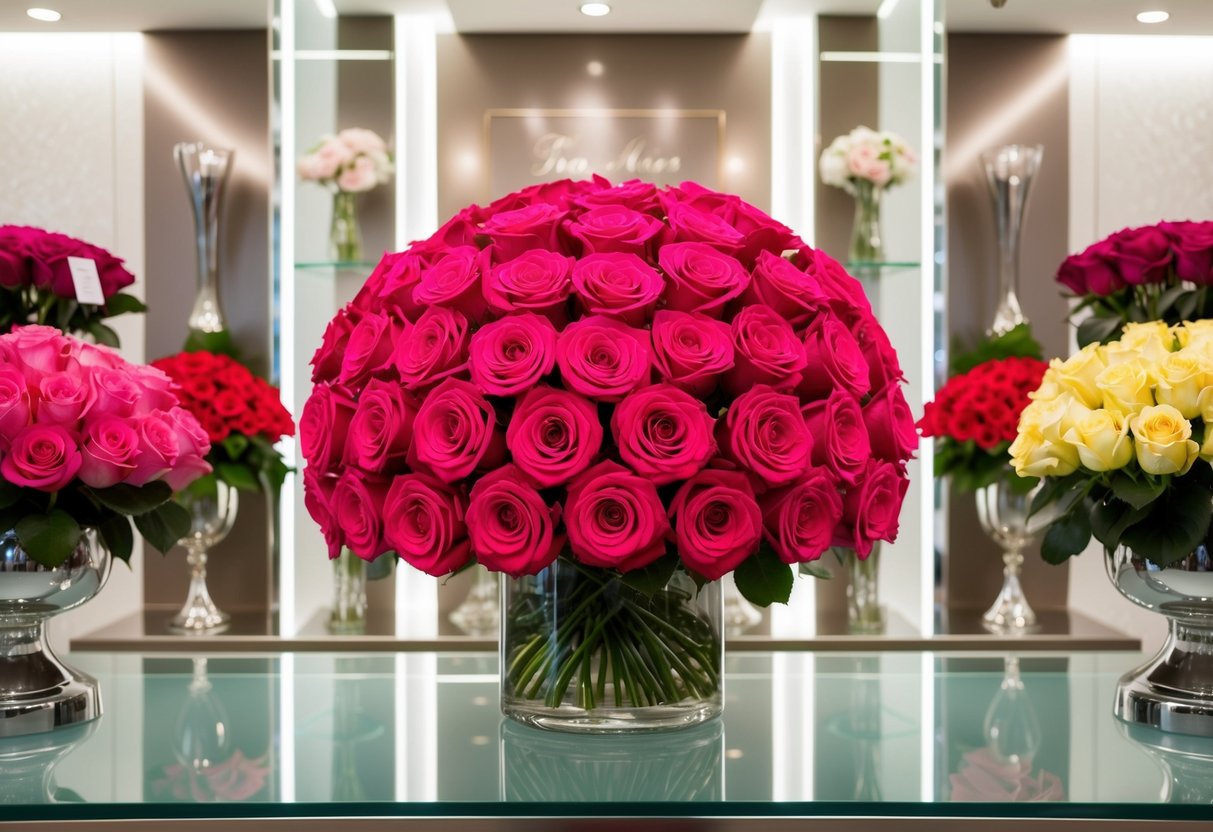 A lavish, vibrant rose bouquet displayed in a sleek, upscale floral shop, surrounded by elegant vases and soft, natural lighting