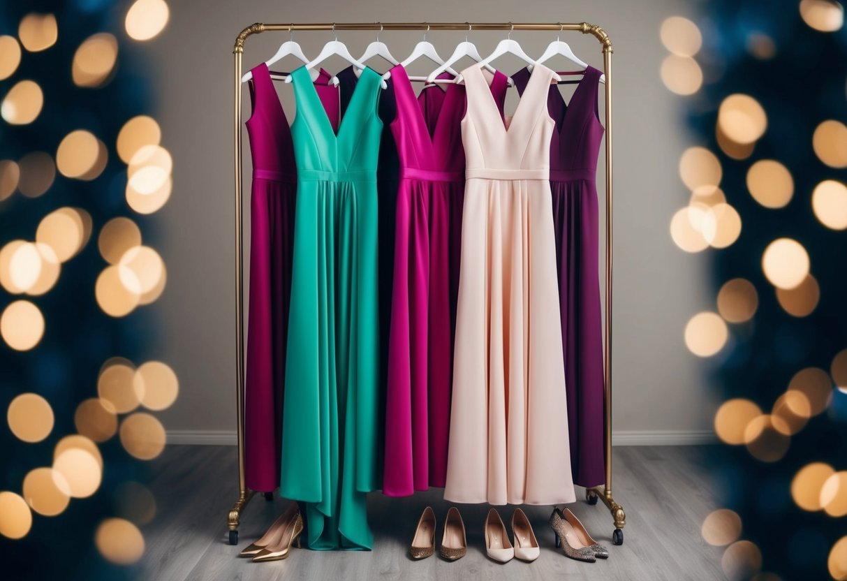 Two elegant dresses in coordinating colors displayed on a rack, surrounded by matching accessories and shoes