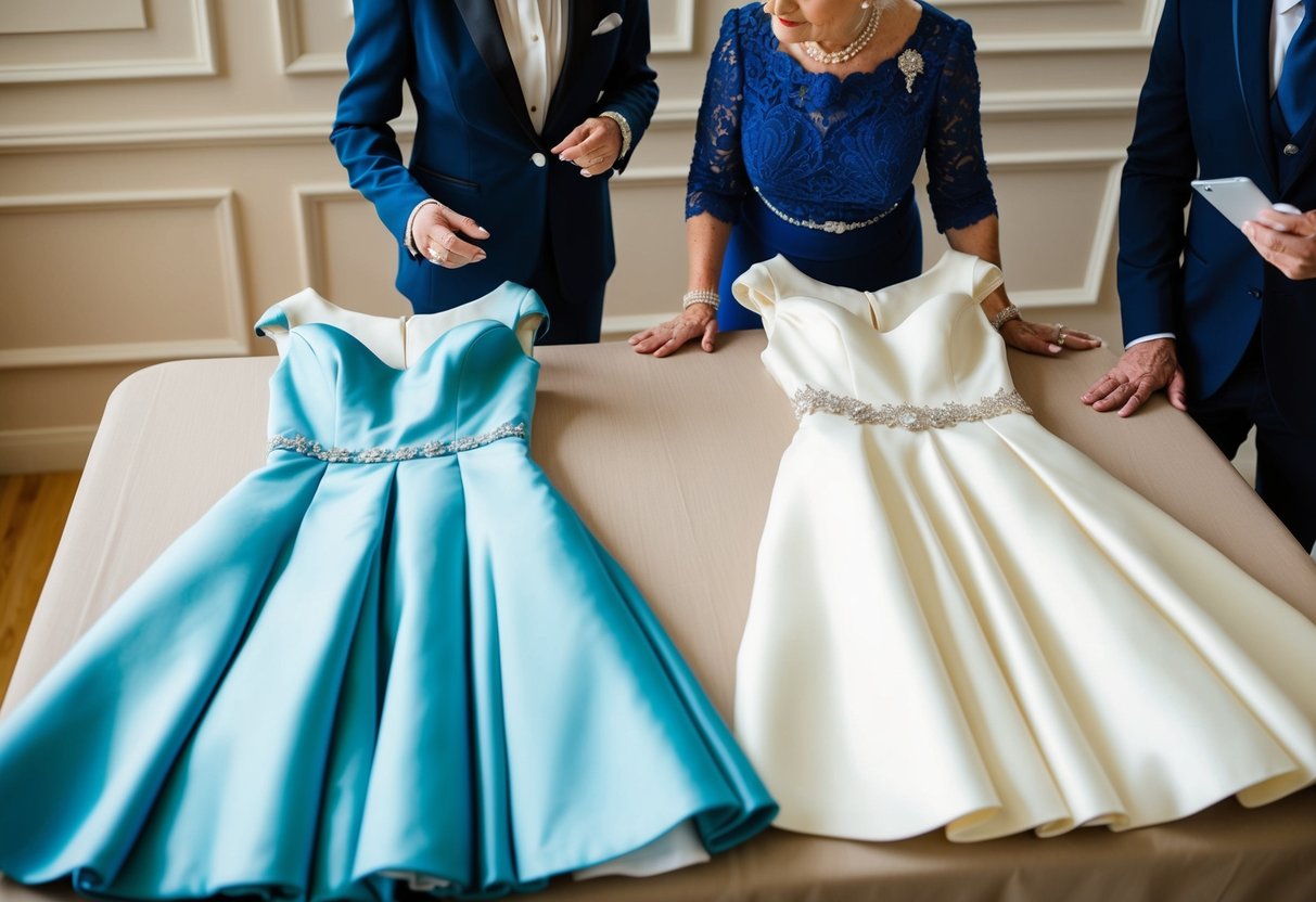Two elegant dresses in different colors, laid out on a table. A mother of the bride and a mother of the groom discussing their attire choices