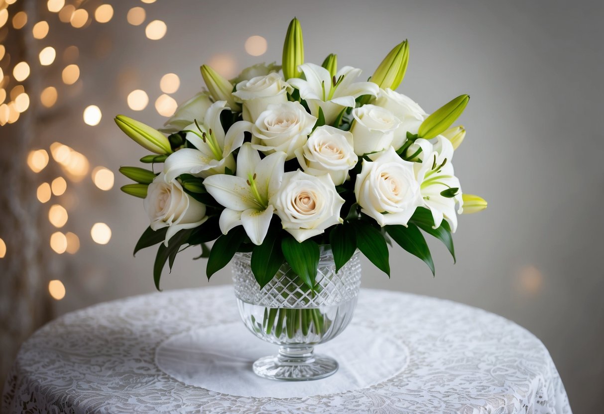 A bouquet of white roses and lilies arranged in a crystal vase on a lace-covered table