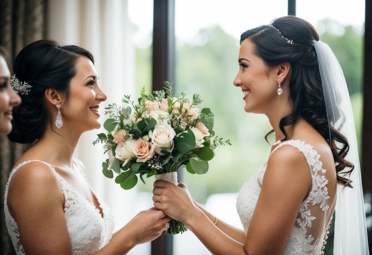 The bride hands a bouquet to her bridesmaid as a gesture of appreciation