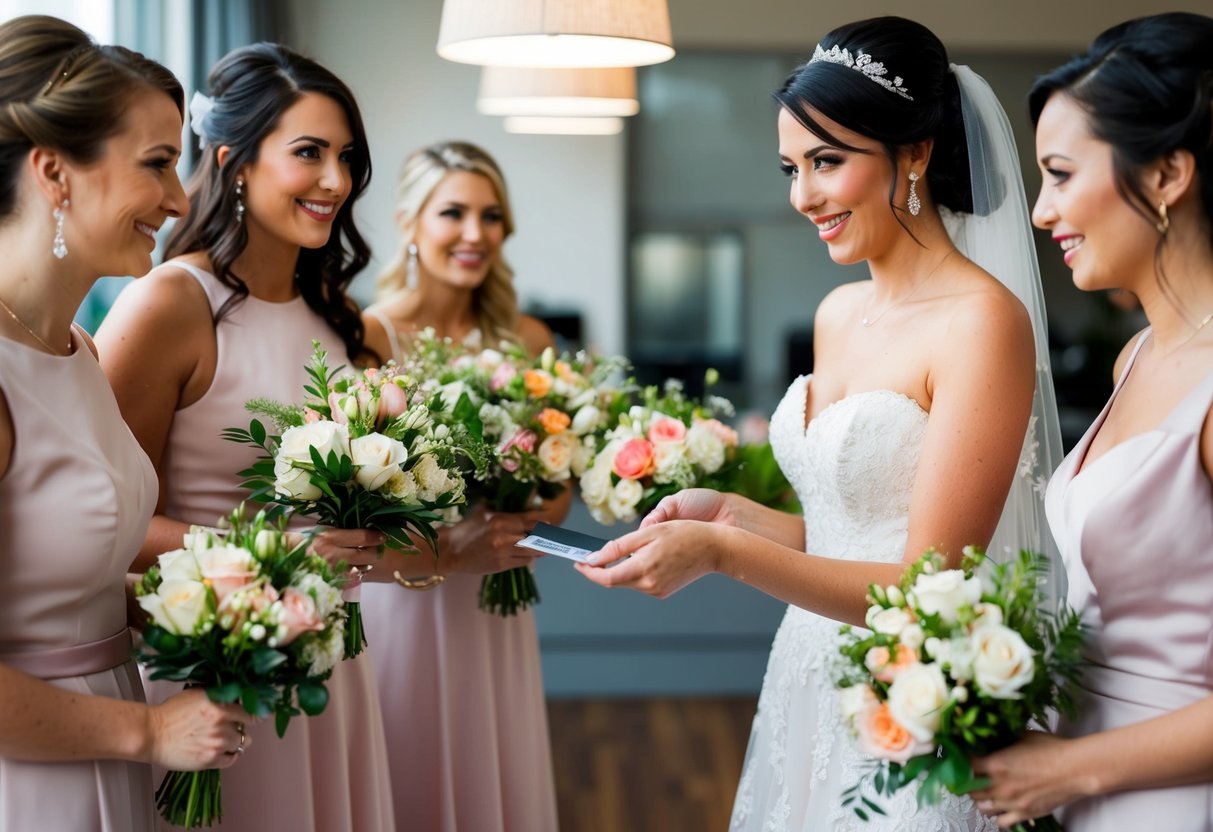 A bride hands over her credit card to the florist, who is arranging bouquets of flowers for the bridesmaids