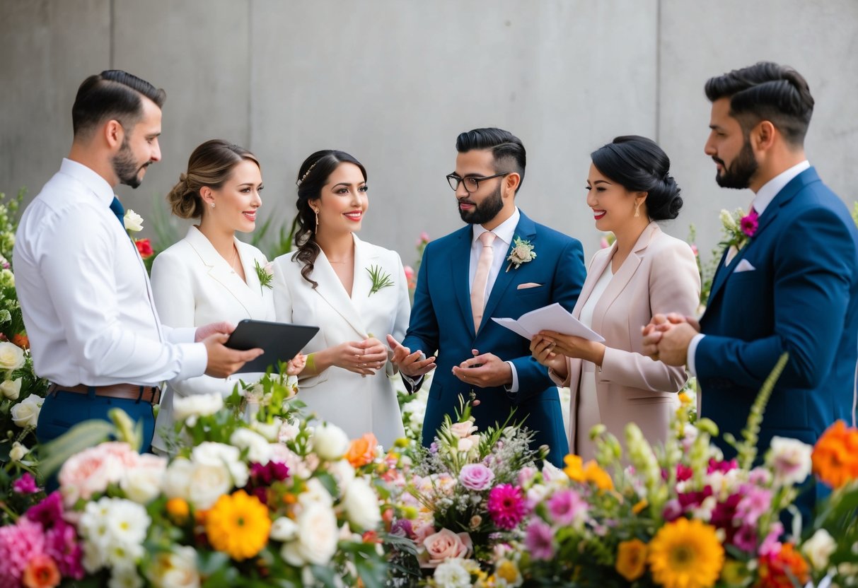 A group of floral professionals discussing wedding flowers, surrounded by various colorful blooms