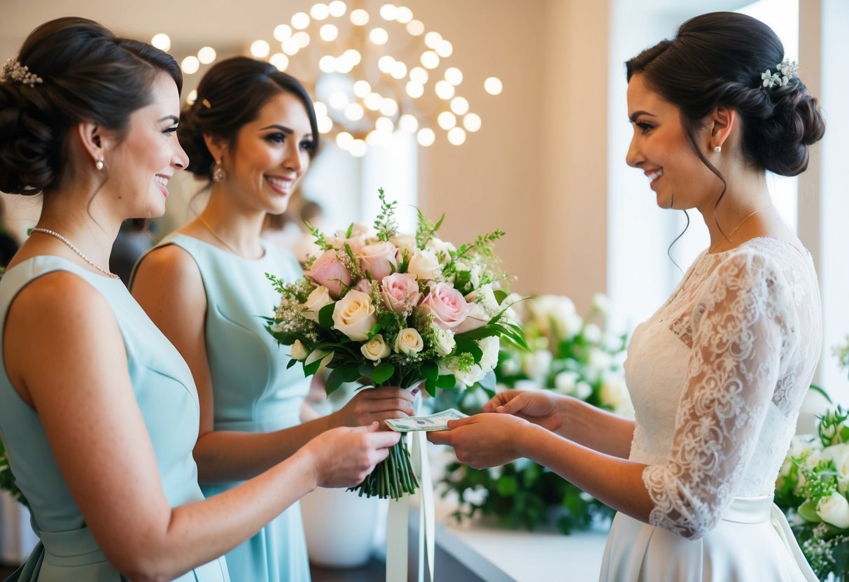 A bride hands over payment to a florist for a bouquet of bridesmaid flowers