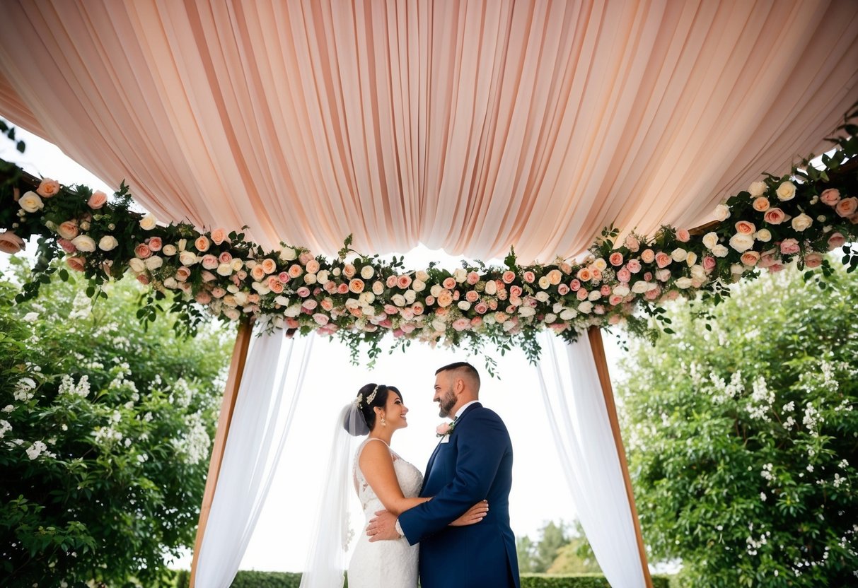 A bride and groom stand beneath a canopy of matching flowers