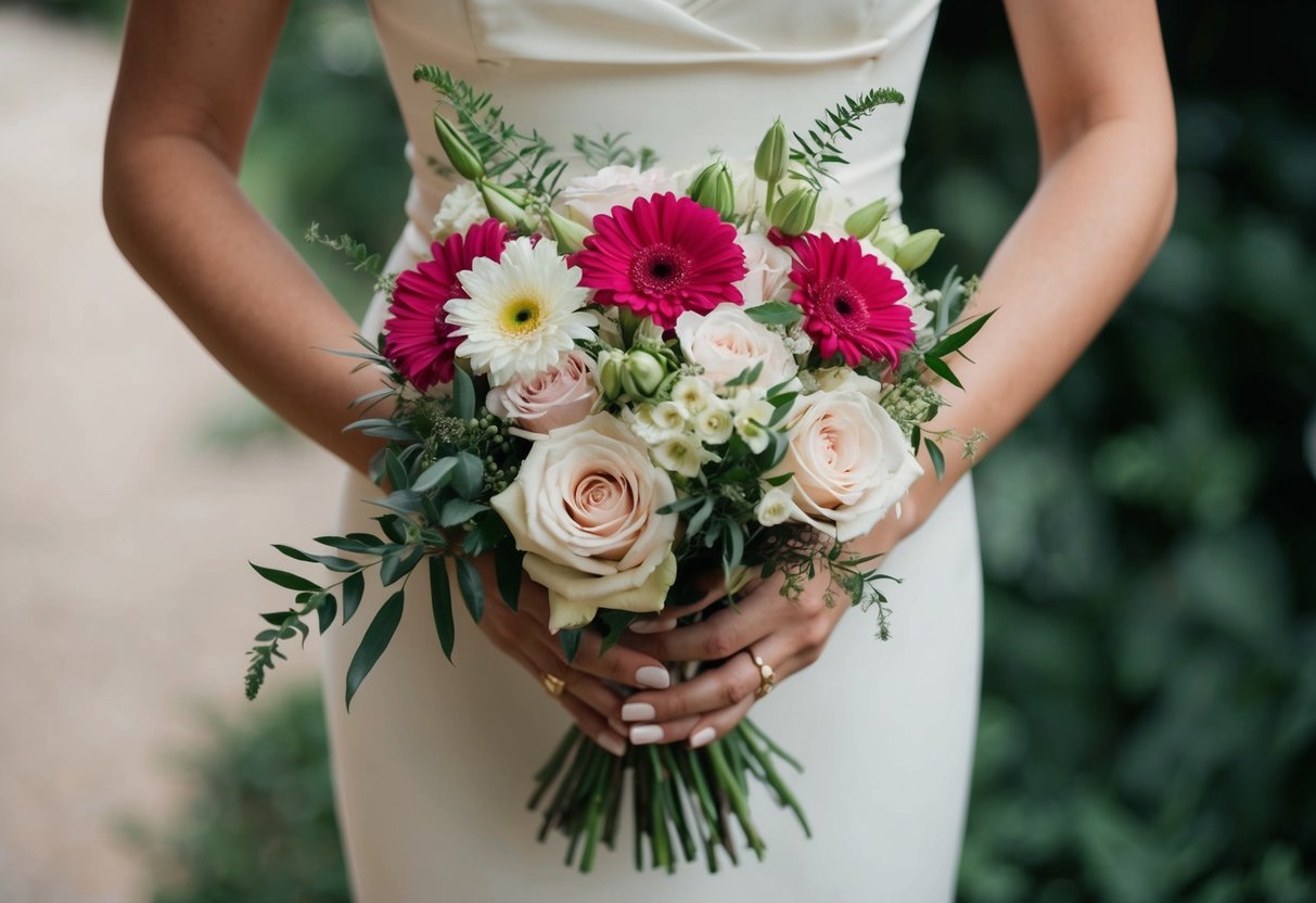 A bouquet of flowers in the hands of a woman in an elegant dress