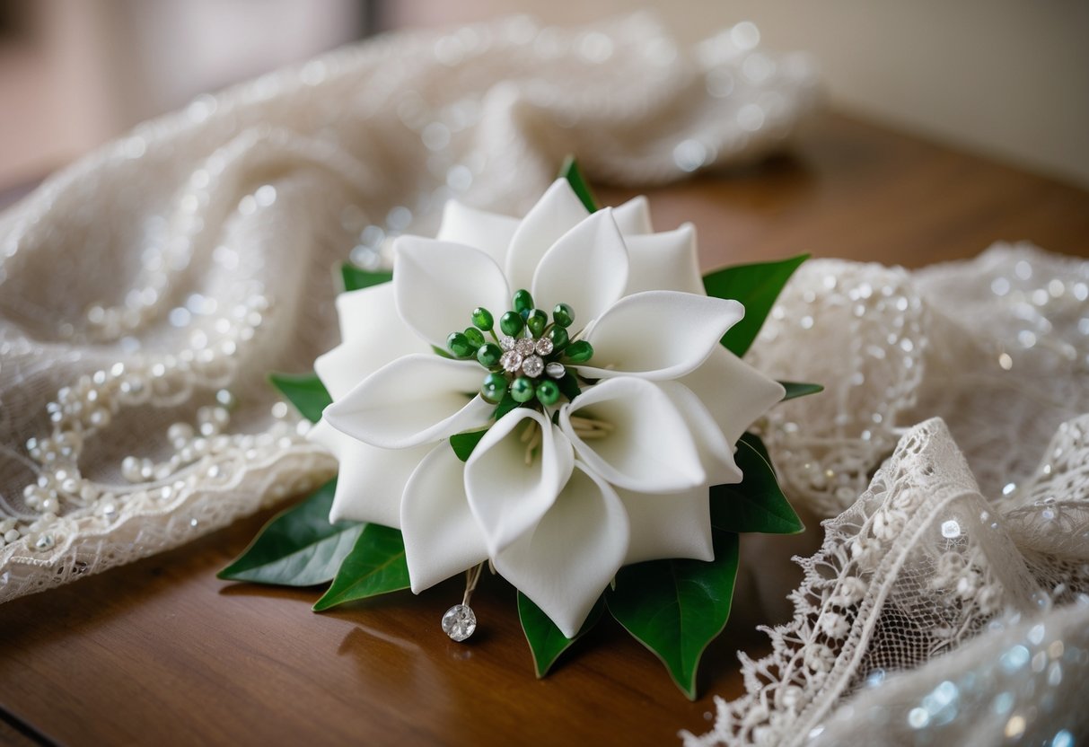 A elegant corsage rests on a table, surrounded by delicate lace and shimmering fabric