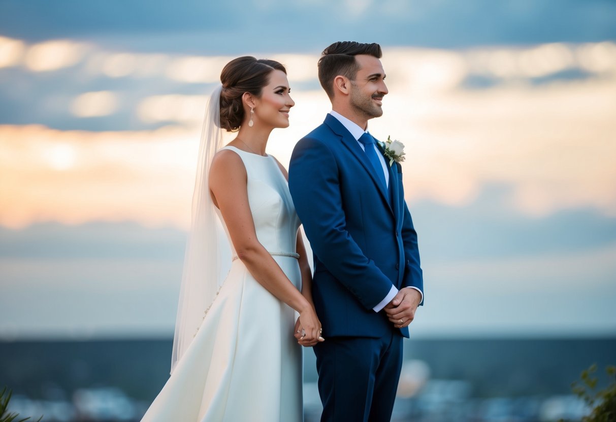 A bride and groom stand side by side, both wearing matching shades of navy blue, creating a harmonious and coordinated look for their wedding day