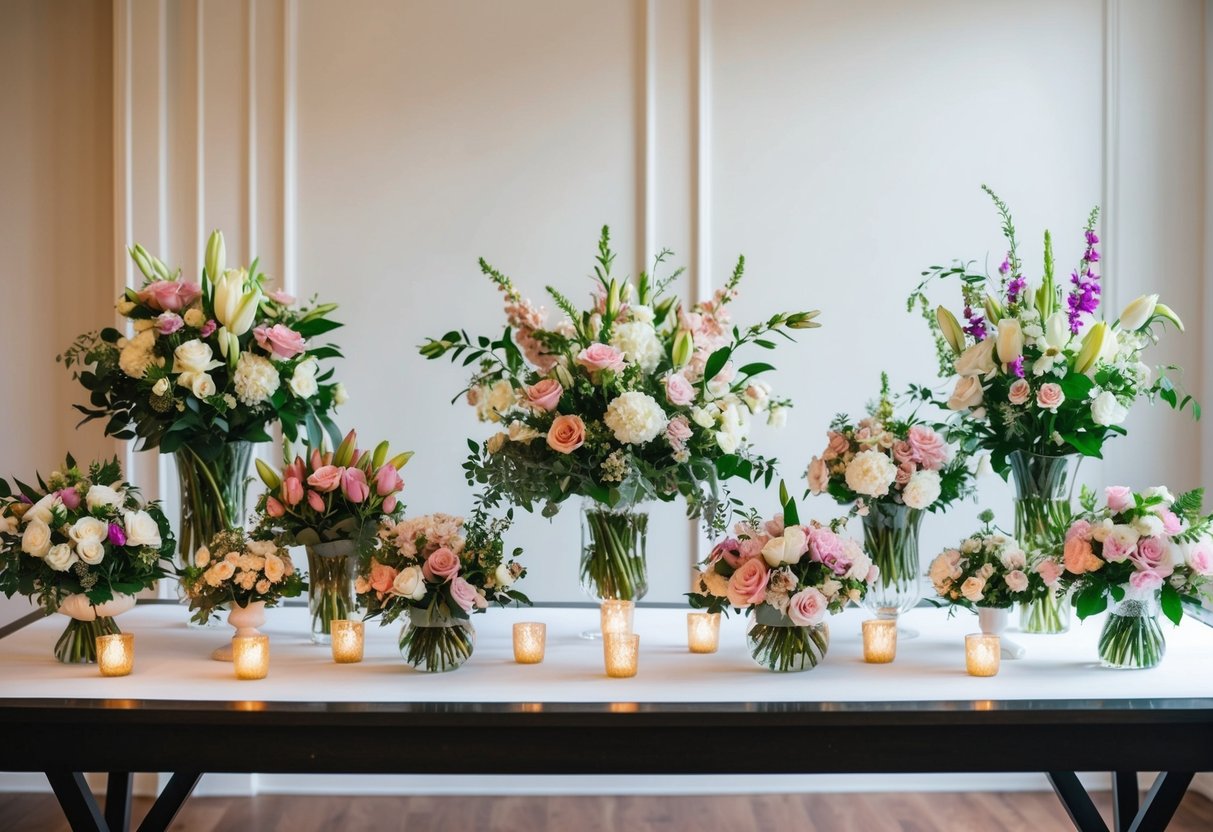 A table with a variety of flower arrangements, including bouquets and centerpieces, displayed in a well-lit room with soft, natural lighting