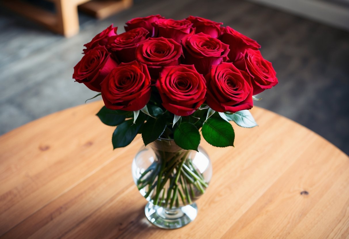 A bouquet of 12 red roses arranged in a glass vase on a wooden table