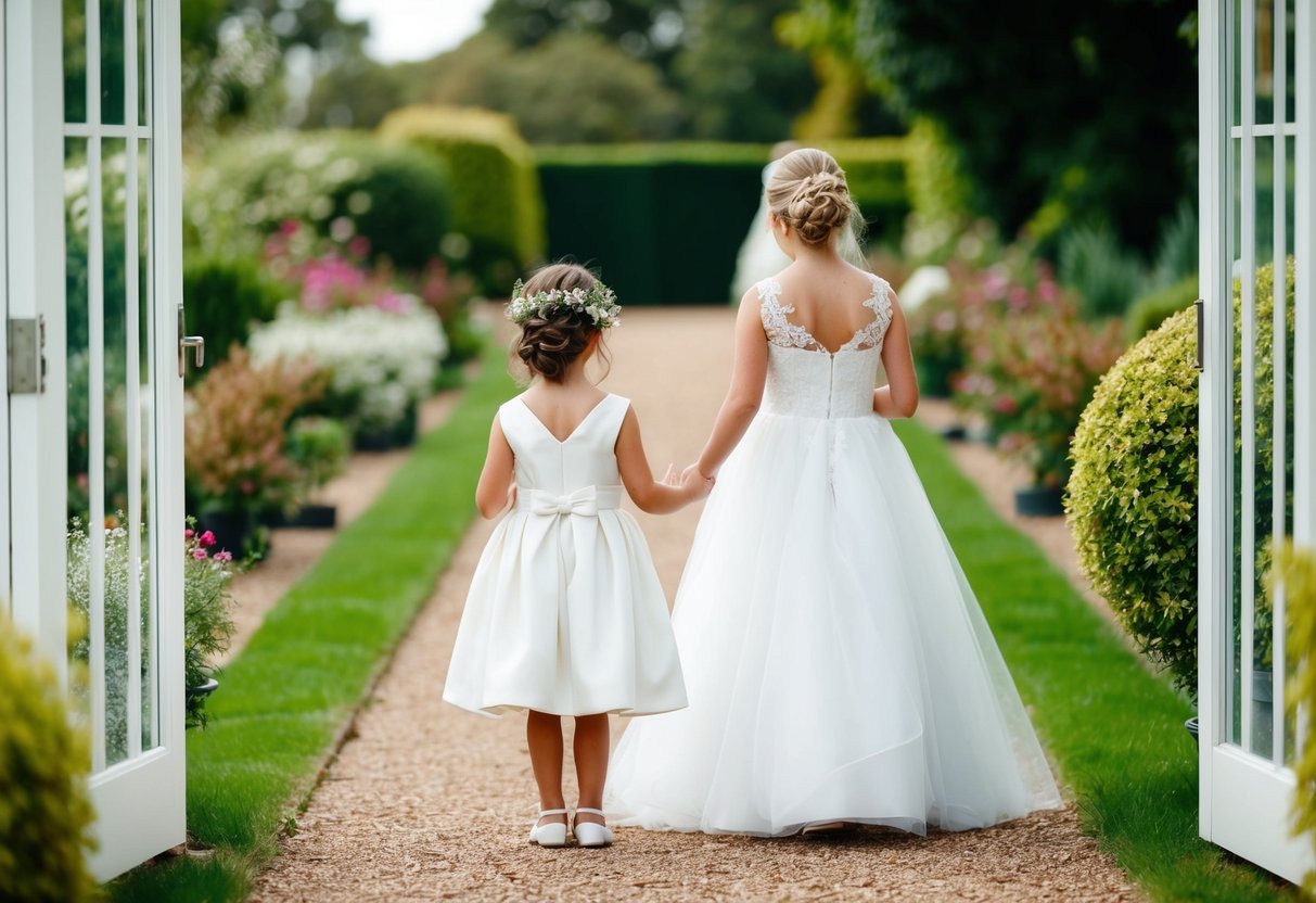 A flower girl and a bridesmaid stand at the entrance of a garden path, waiting to enter