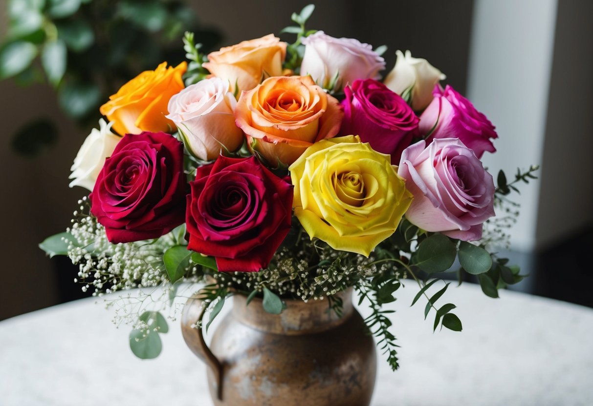 A bouquet of 12 mixed roses in various colors, arranged in a rustic vase with greenery and baby's breath