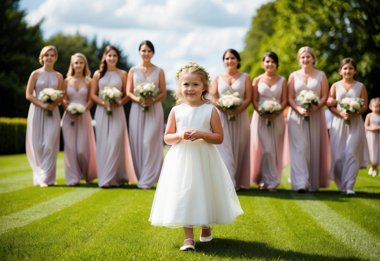 A flower girl leads the wedding procession followed by the bridesmaids