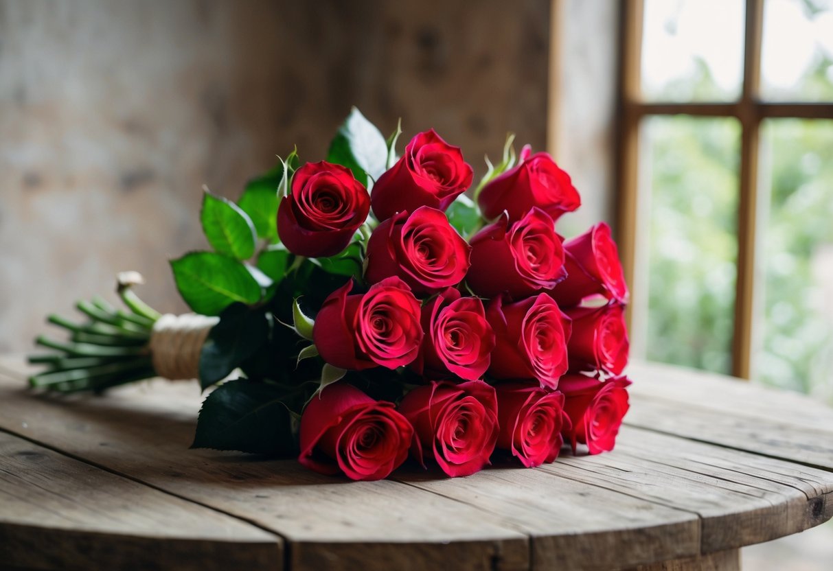 A dozen roses arranged in a bouquet, symbolizing love and appreciation, placed on a rustic wooden table with soft natural lighting