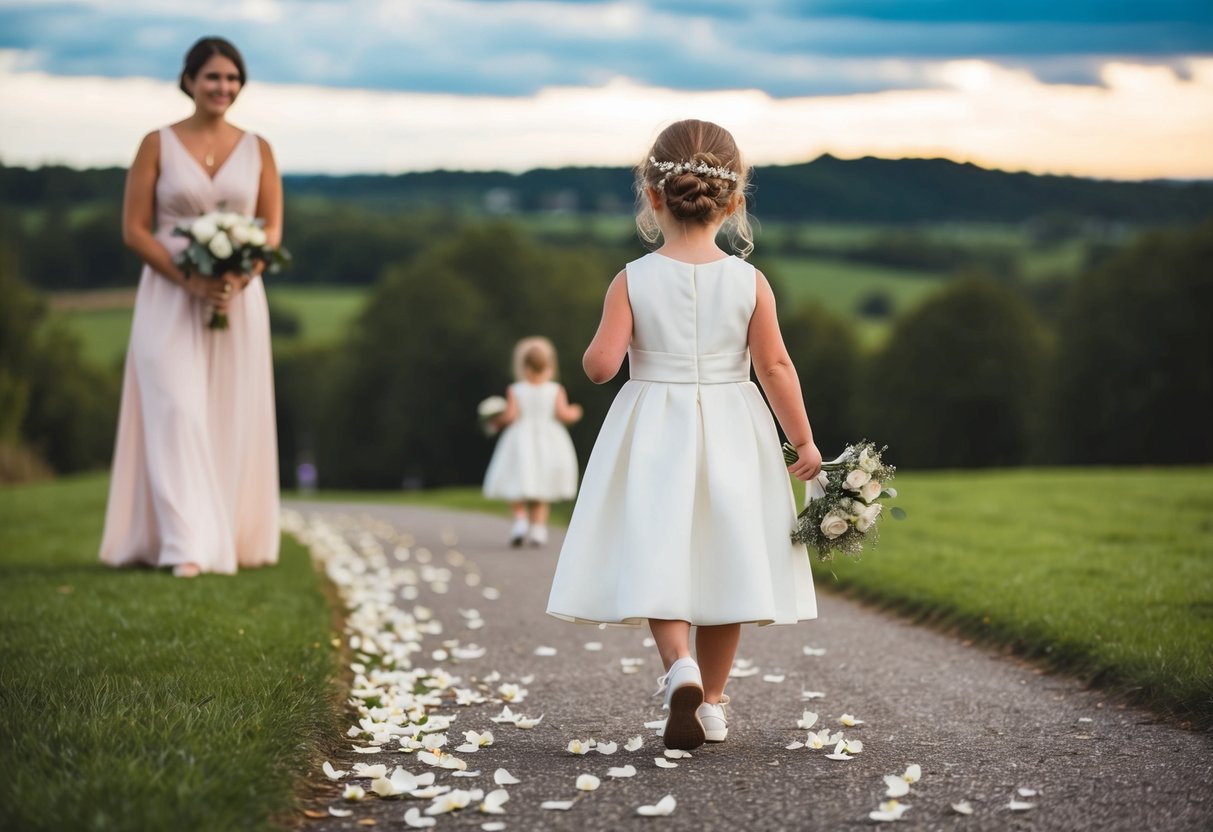 The flower girl walks ahead, scattering petals on the path. The bridesmaid follows, holding her bouquet
