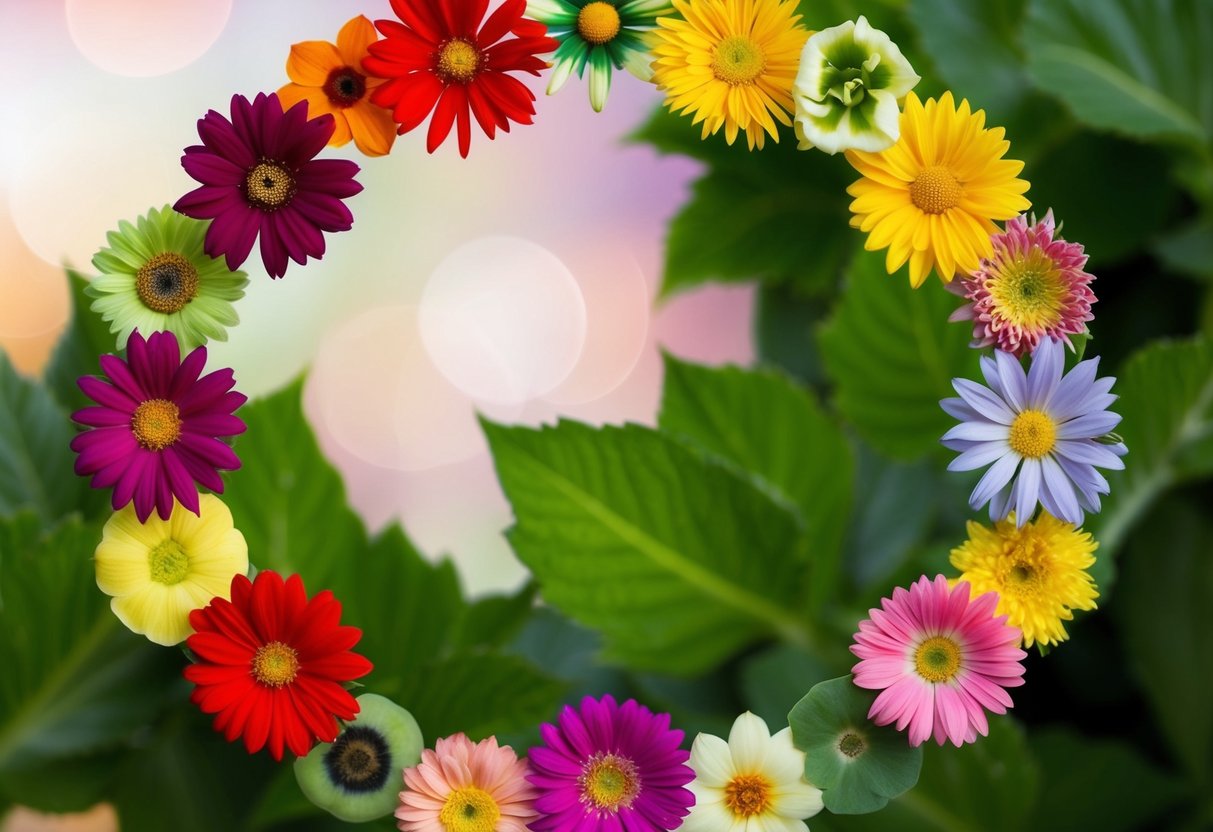 Eleven flowers arranged in a circular pattern, varying in color and size, with green foliage in the background