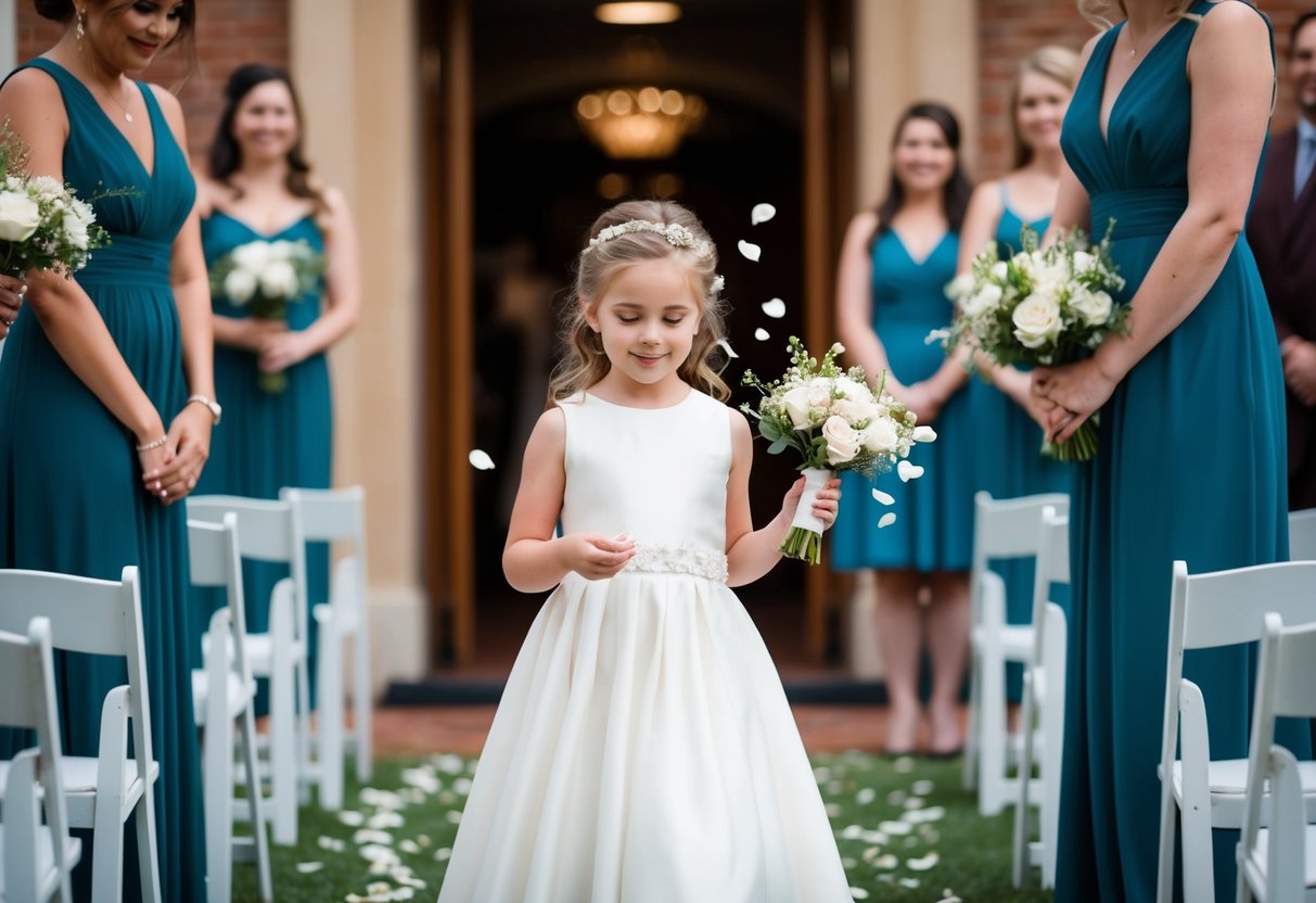 A flower girl leads the recessional, scattering petals as she walks down the aisle followed by the bridesmaids