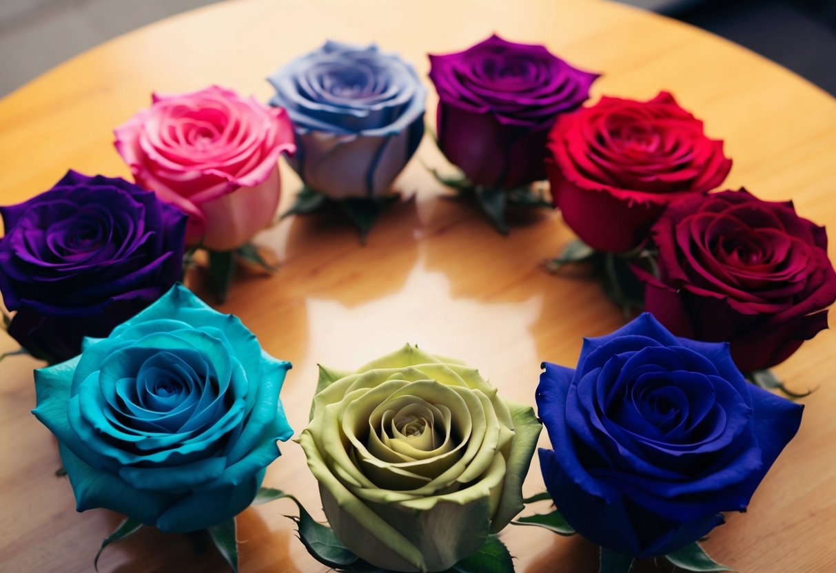 Eleven roses of various colors arranged in a circular pattern, each representing a different emotion