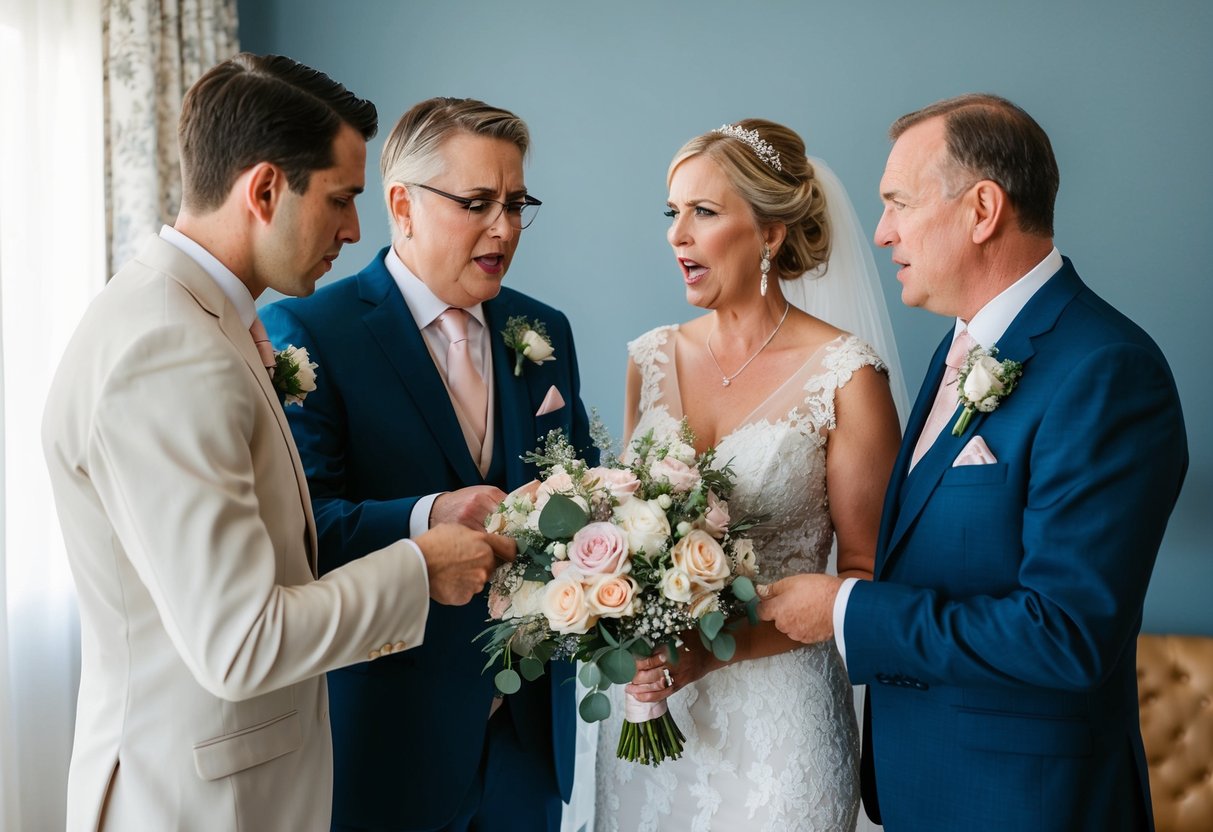 A groom and bride's families arguing over payment for a bouquet