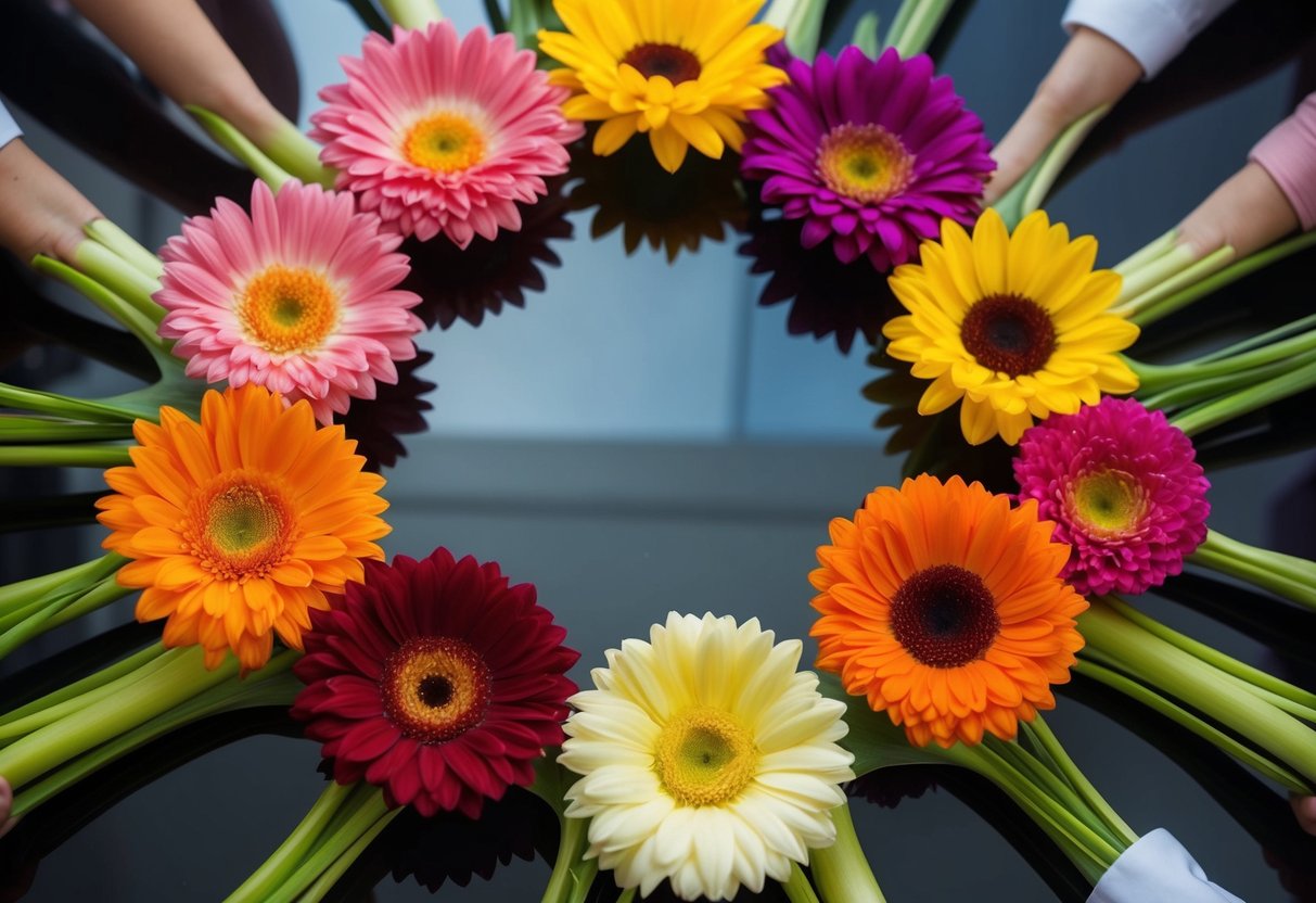 Eleven flowers arranged in a circular pattern with vibrant colors and varying sizes, symbolizing the customs and traditions of flower gifting