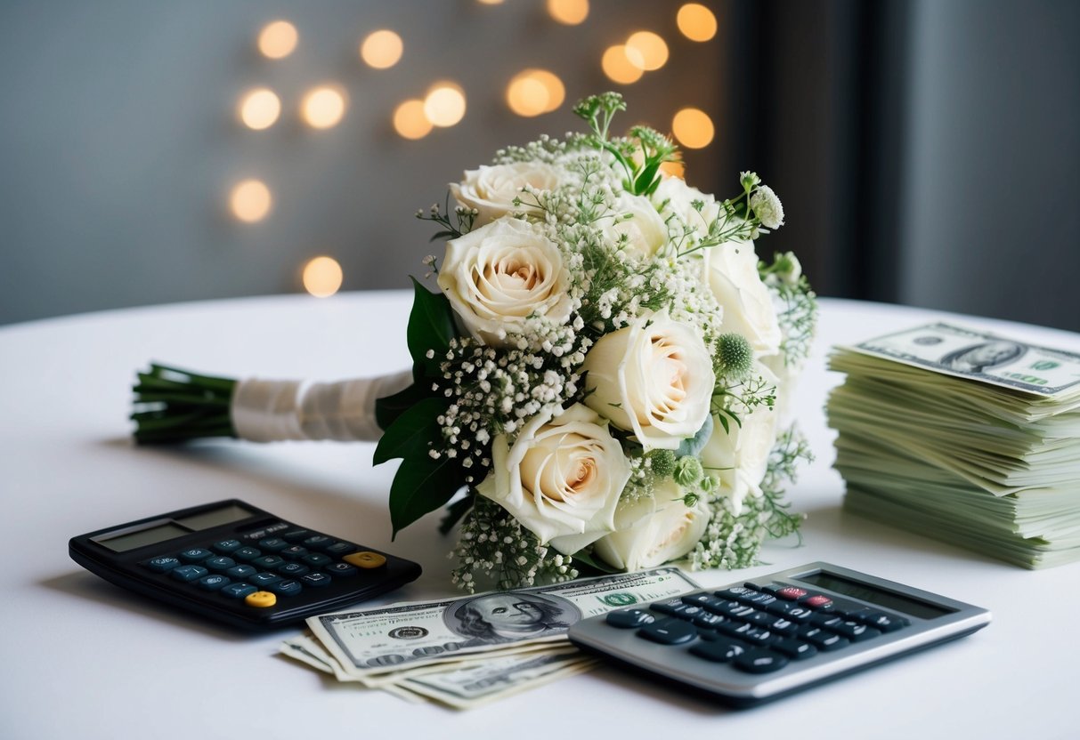 A bride's bouquet lying on a table with a stack of bills and a calculator, symbolizing the financial responsibilities of wedding planning