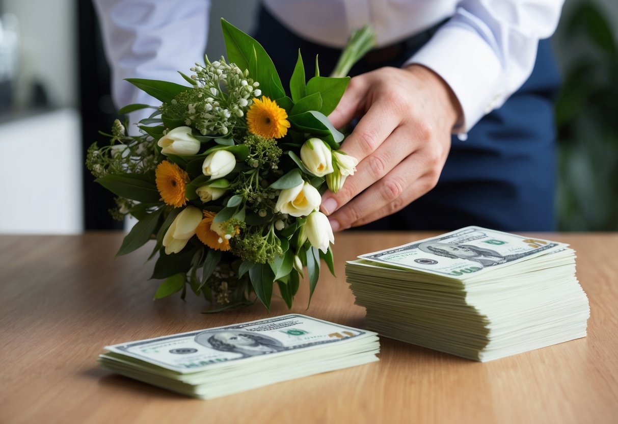 A hand places a bouquet on a table with a stack of bills next to it