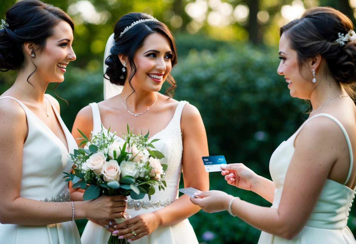 A bridesmaid holding a bouquet while another bridesmaid hands her a credit card