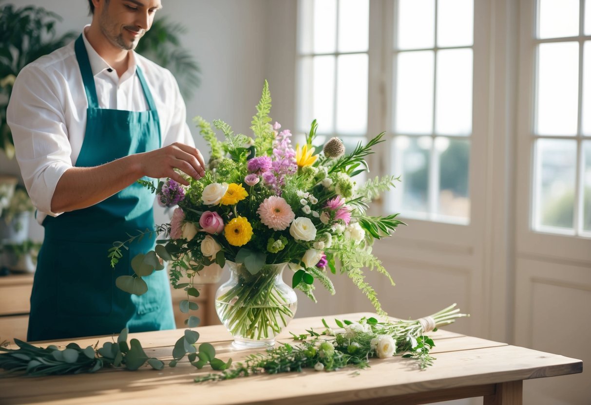 A florist arranging a beautiful bouquet with various flowers and greenery on a wooden table in a sunlit room