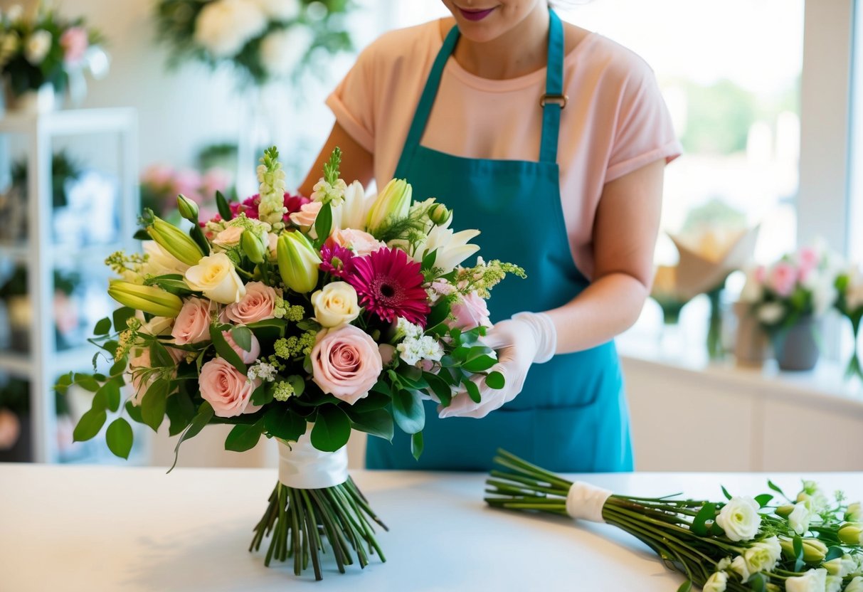 A florist carefully arranges a beautiful bouquet of flowers, ready for purchase for a bride's special day