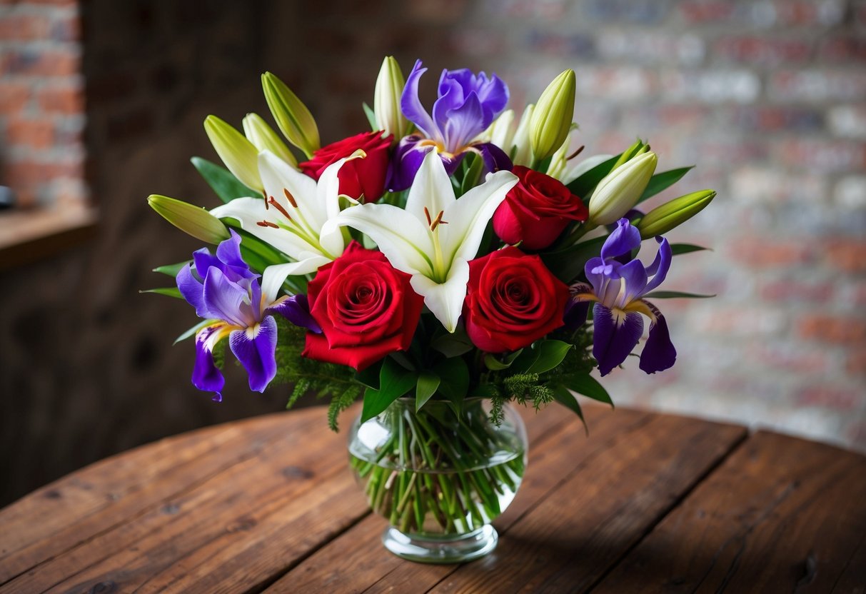 A vibrant bouquet of red roses, white lilies, and purple irises arranged in a glass vase on a rustic wooden table