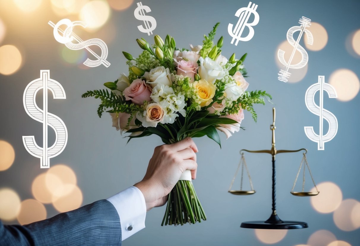 A hand holding a bouquet of flowers, surrounded by currency symbols and a scale representing the financial aspects of purchasing the bride's bouquet