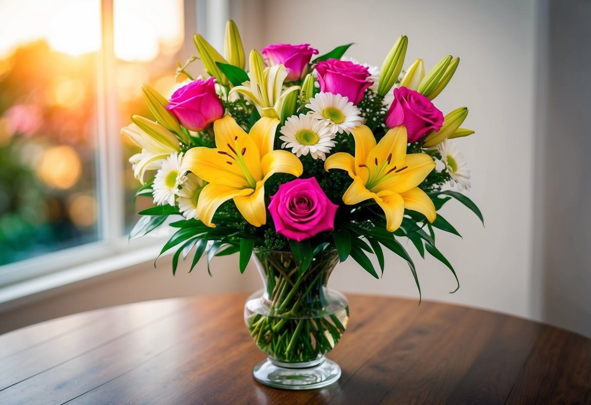 A colorful bouquet of roses, lilies, and daisies arranged in a glass vase on a wooden table
