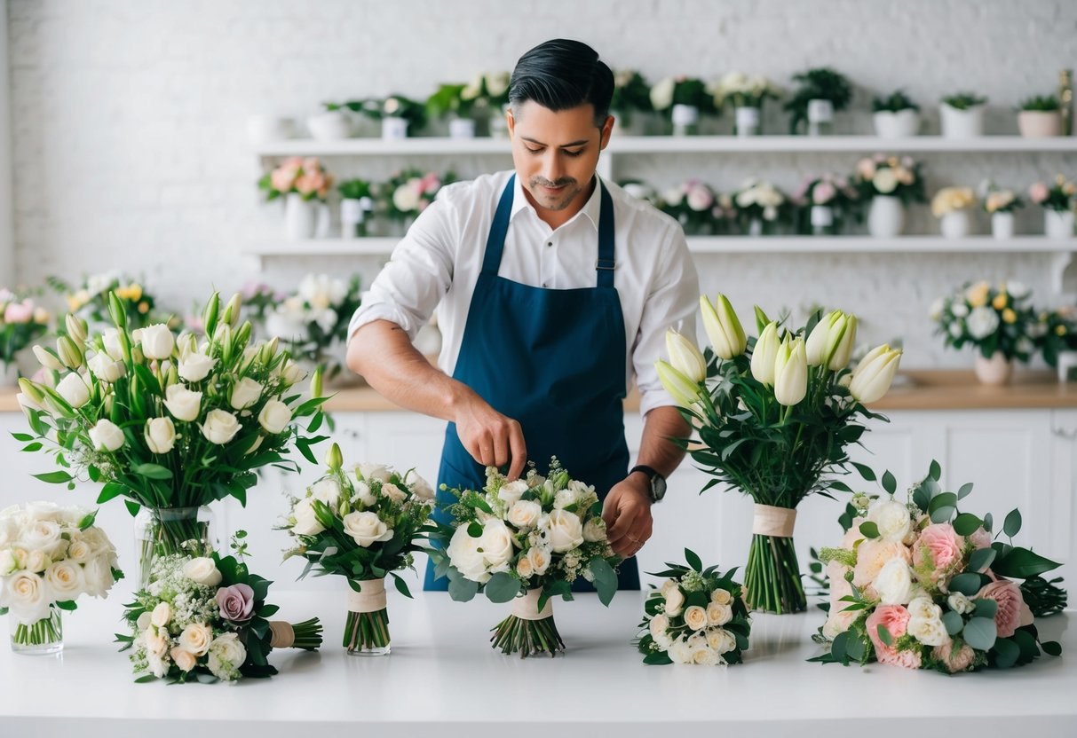 A florist arranging a variety of bouquets, including a special, elegant one for the bride