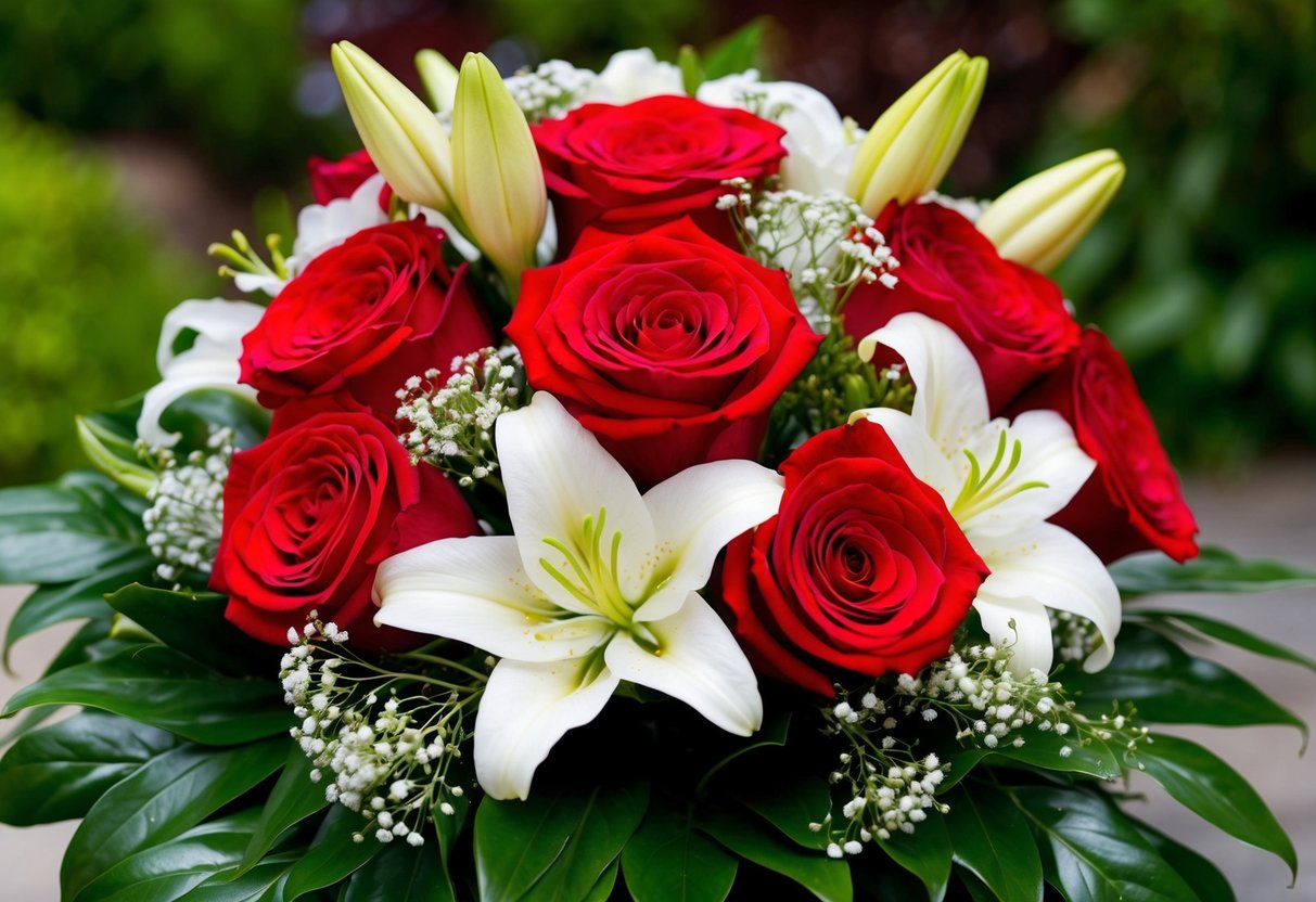A vibrant bouquet of red roses and white lilies, accented with delicate baby's breath and lush greenery