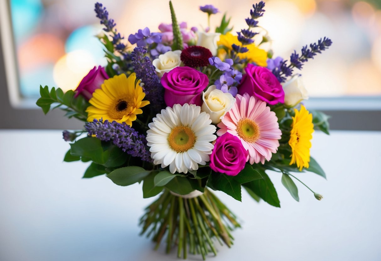 A vibrant bouquet with a mix of daisies, roses, and lavender, showcasing a harmonious blend of colors and textures