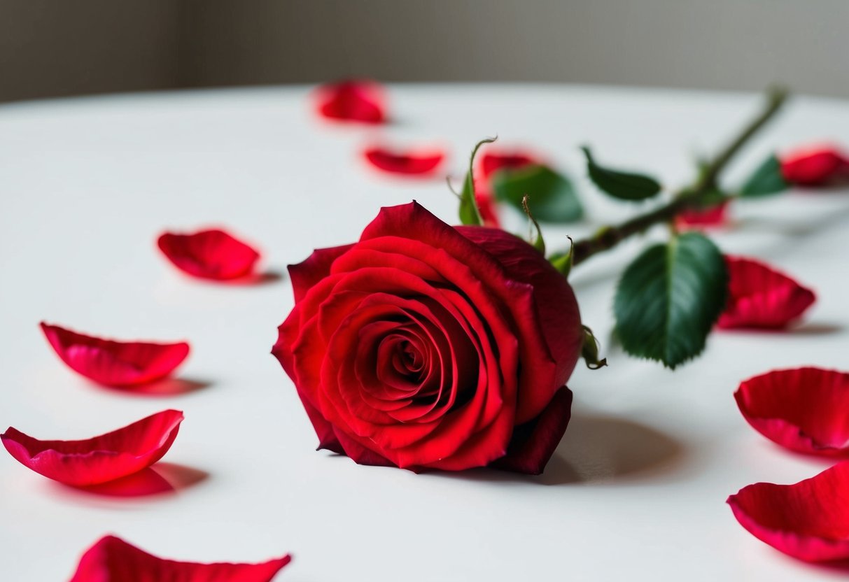 A single red rose lying on a white table, surrounded by scattered petals