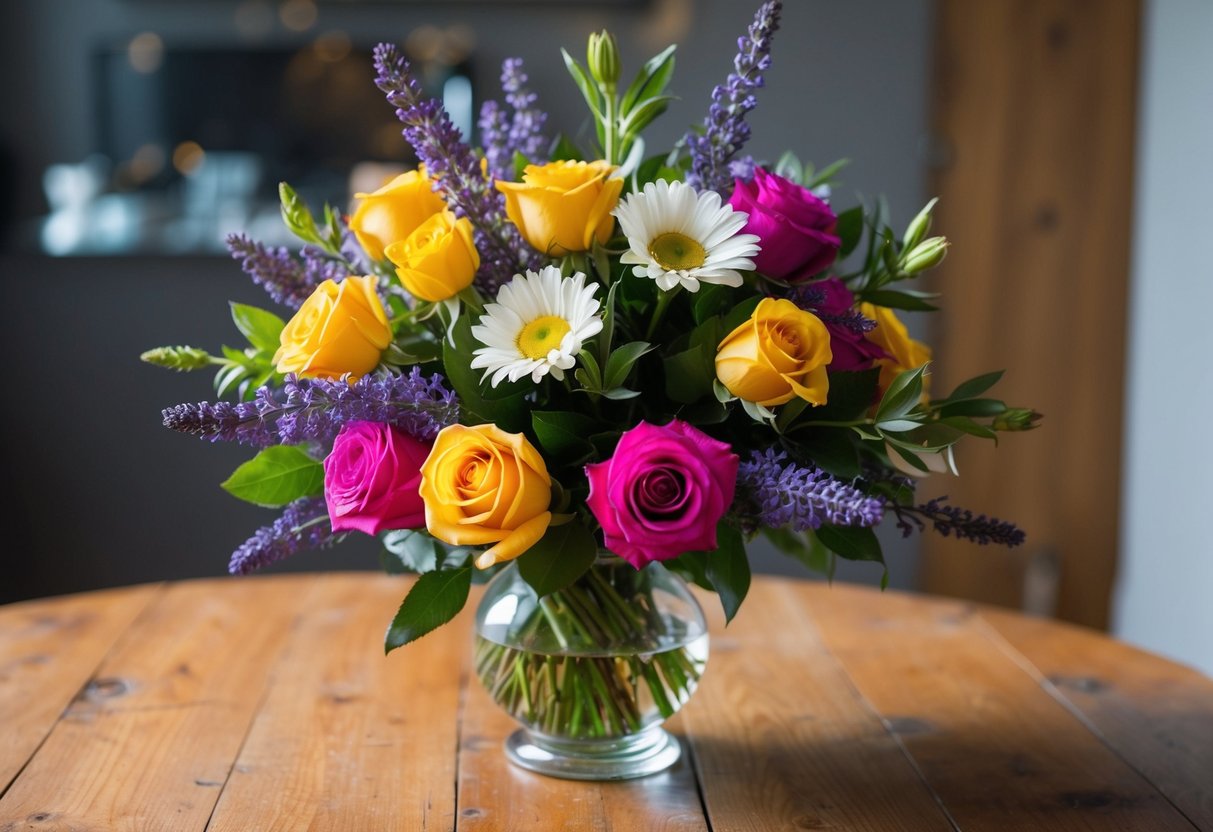 A vibrant bouquet of roses, daisies, and lavender arranged in a glass vase on a wooden table
