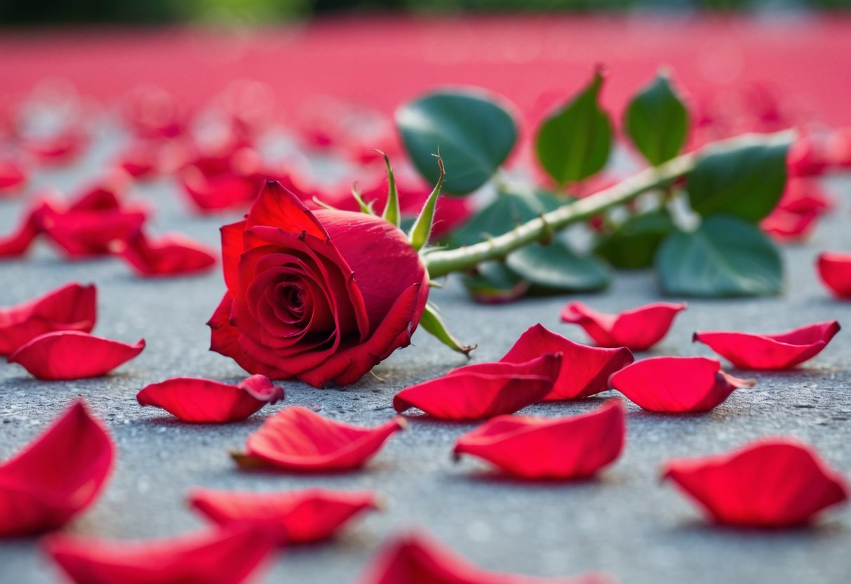 A single red rose surrounded by wilting petals, symbolizing apology and regret
